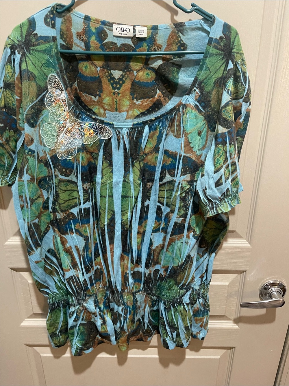 Cato Green and Blue Butterfly Peasant Tunic - Picture 2 of 5